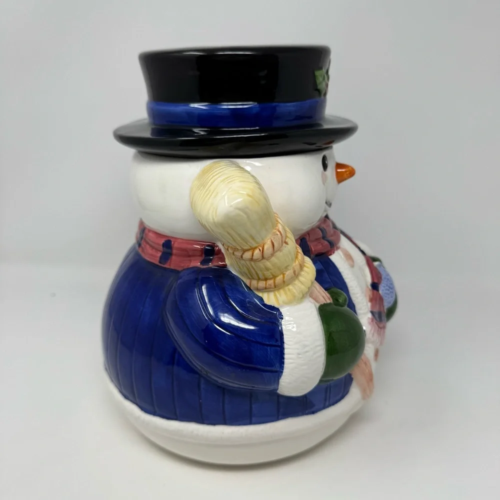 Vintage Ceramic Christmas Snowman with Top Hat and Broom Cookie Jar